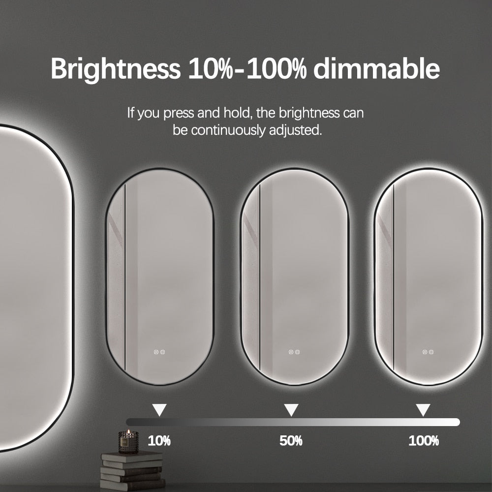 Oval LED Bathroom Mirror 50cm x 100cm Frontlit Black Frame Defogger Dimmable
