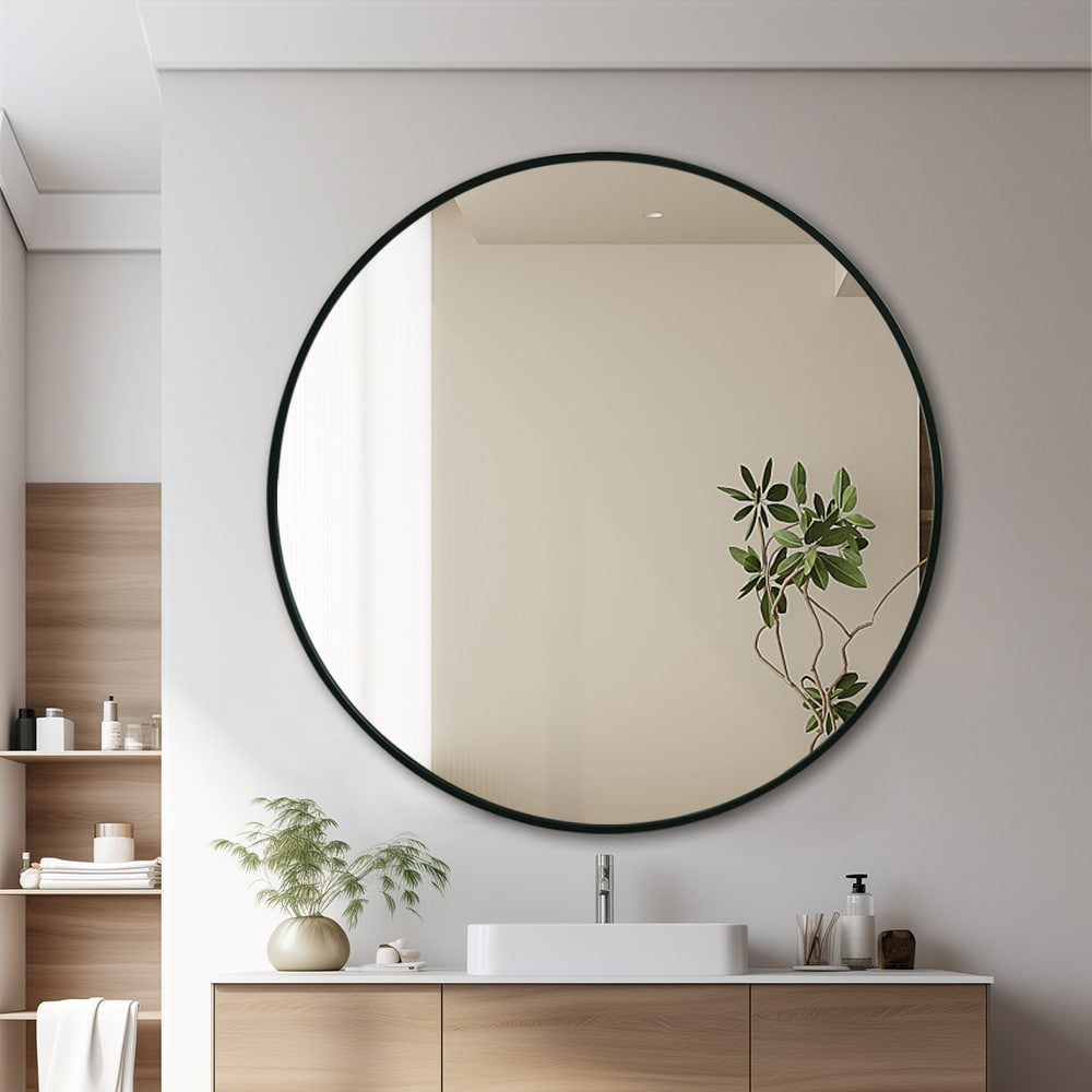 Modern Round Wall Mirror 100cm Black Aluminium Frame