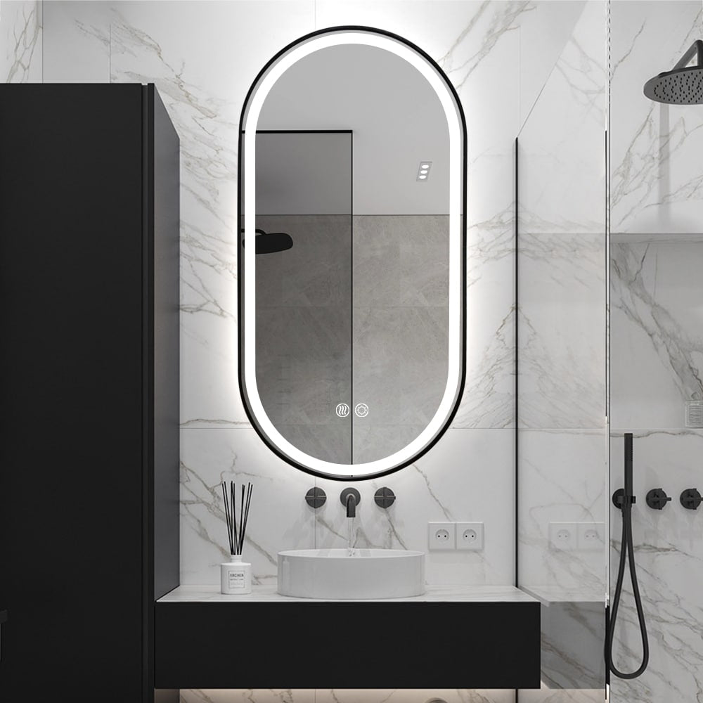 Black Oval LED Bathroom Mirror – Frosted Edge, Defogger, Dimmable (3 Sizes)