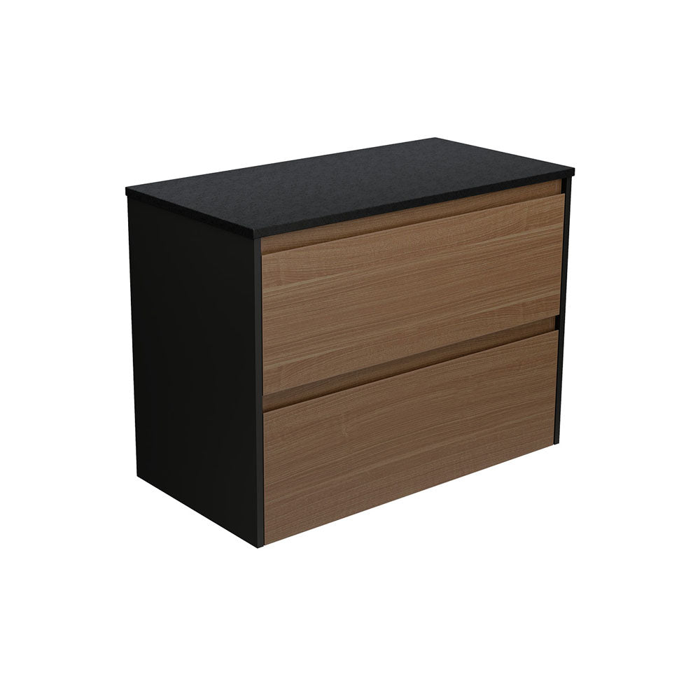 Amato Walnut 900  Wall Hung Cabinet, Satin Black Panels