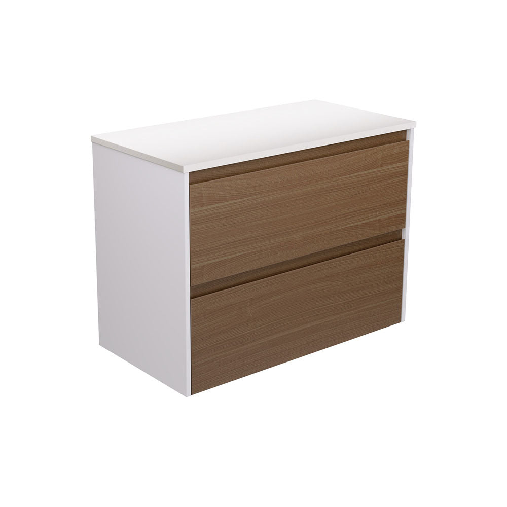Amato Walnut 900 Wall Hung Cabinet, Satin White Panels