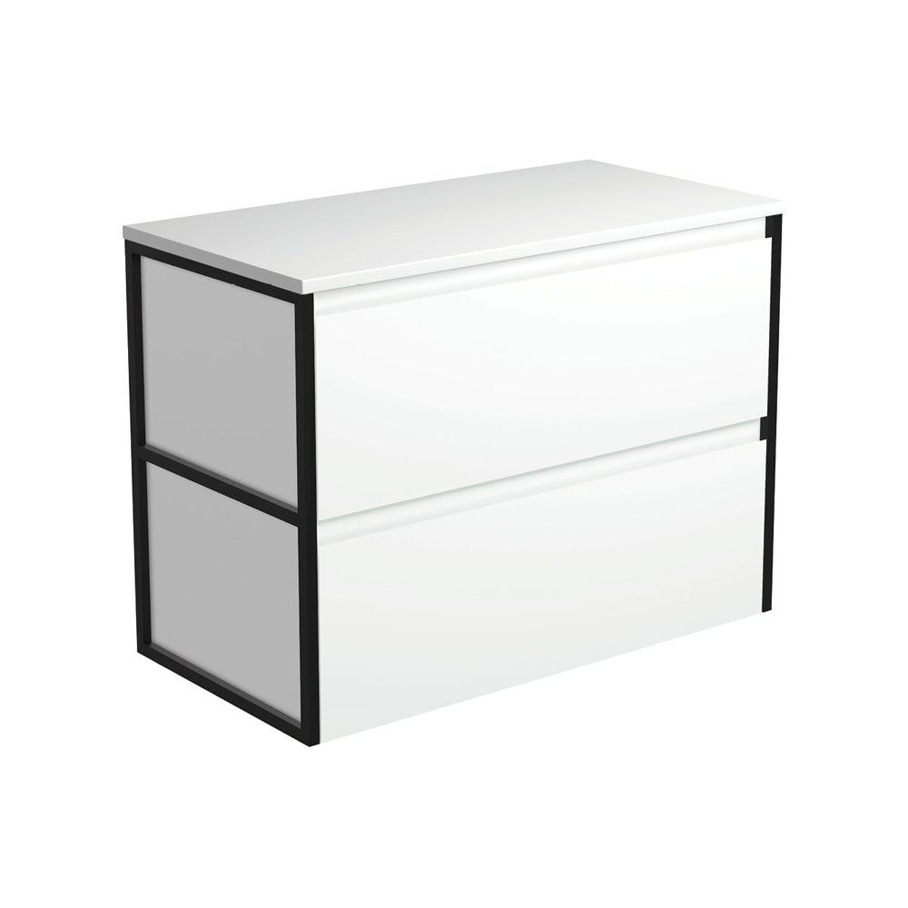 Amato Satin White 900 Wall-Hung Cabinet, Matte Black Frames