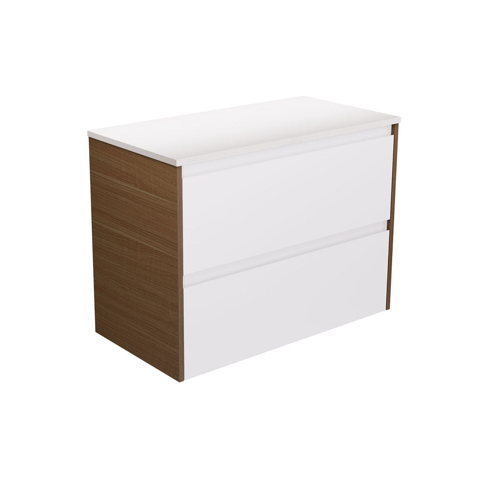 Amato Satin White 900 Wall Hung Cabinet, Walnut Panels
