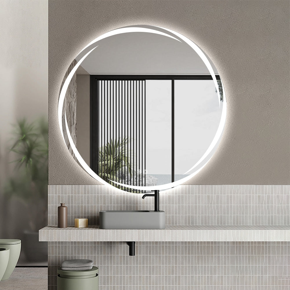 Round LED Bathroom Mirror 80cm Frameless Whirlwind Frosted Defogger Dimmable Vanity Wall Mirror