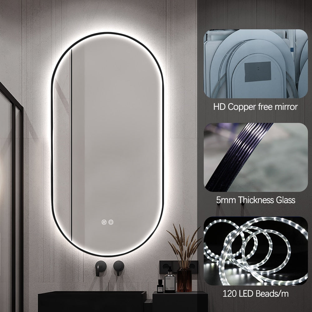 Oval LED Bathroom Mirror 50cm x 100cm Frontlit Black Frame Defogger Dimmable