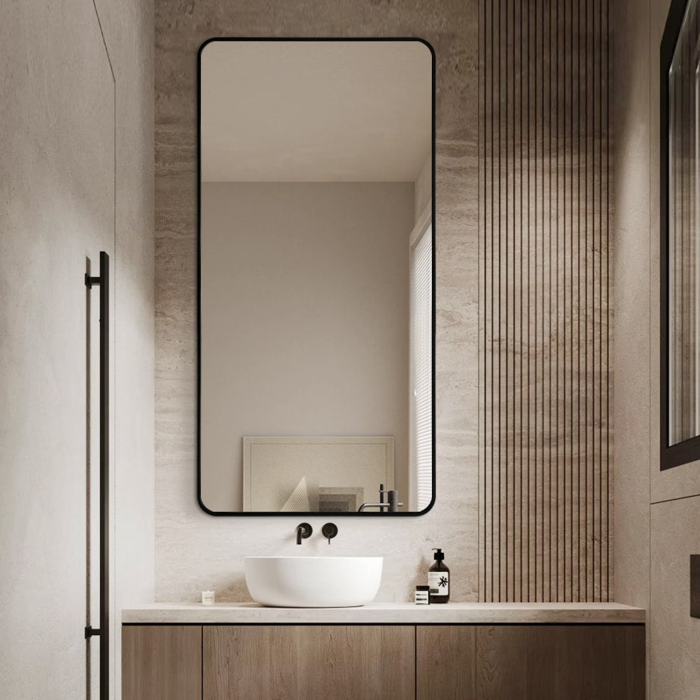 Long Rounded Modern Rectangular Wall Mirror – Black Aluminium Alloy Frame