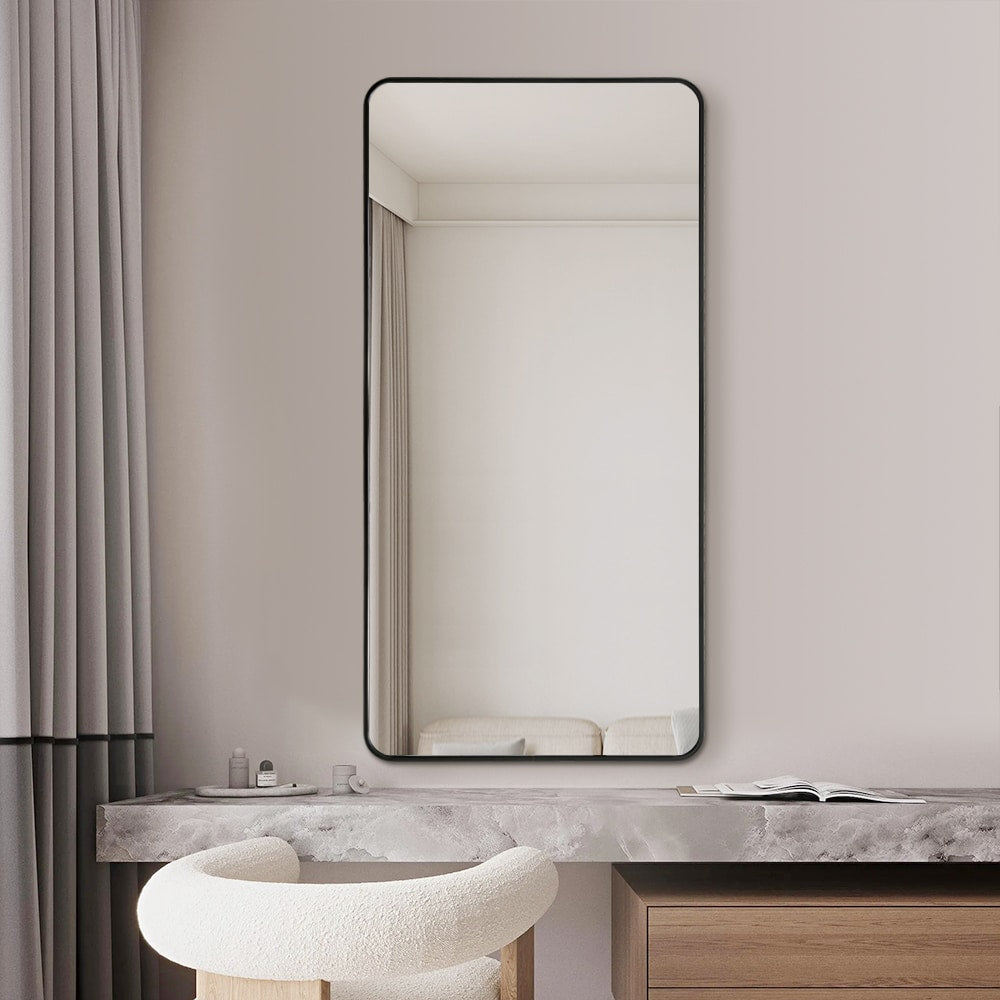 Long Rounded Modern Rectangular Wall Mirror – Black Aluminium Alloy Frame
