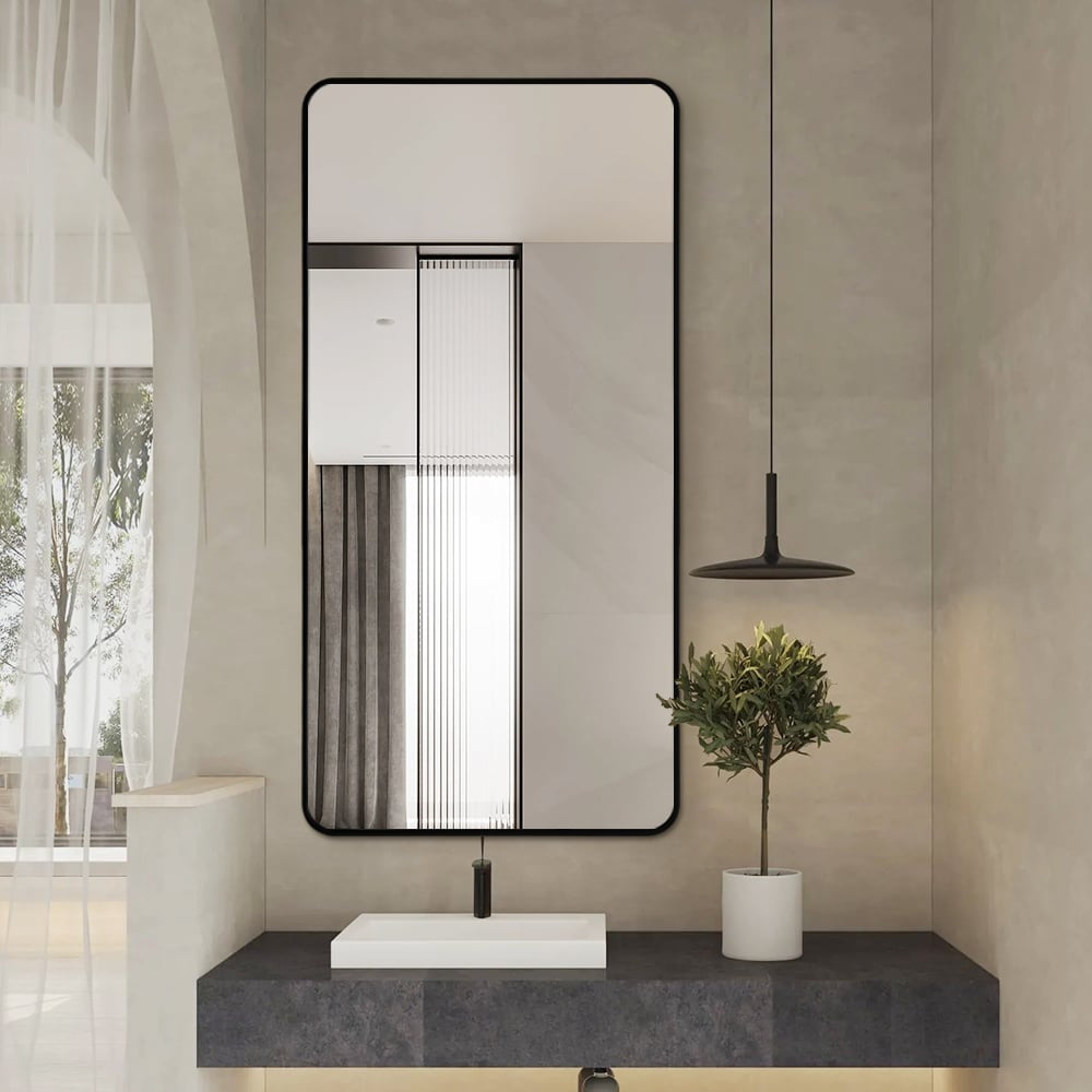 Long Rounded Modern Rectangular Wall Mirror – Black Aluminium Alloy Frame