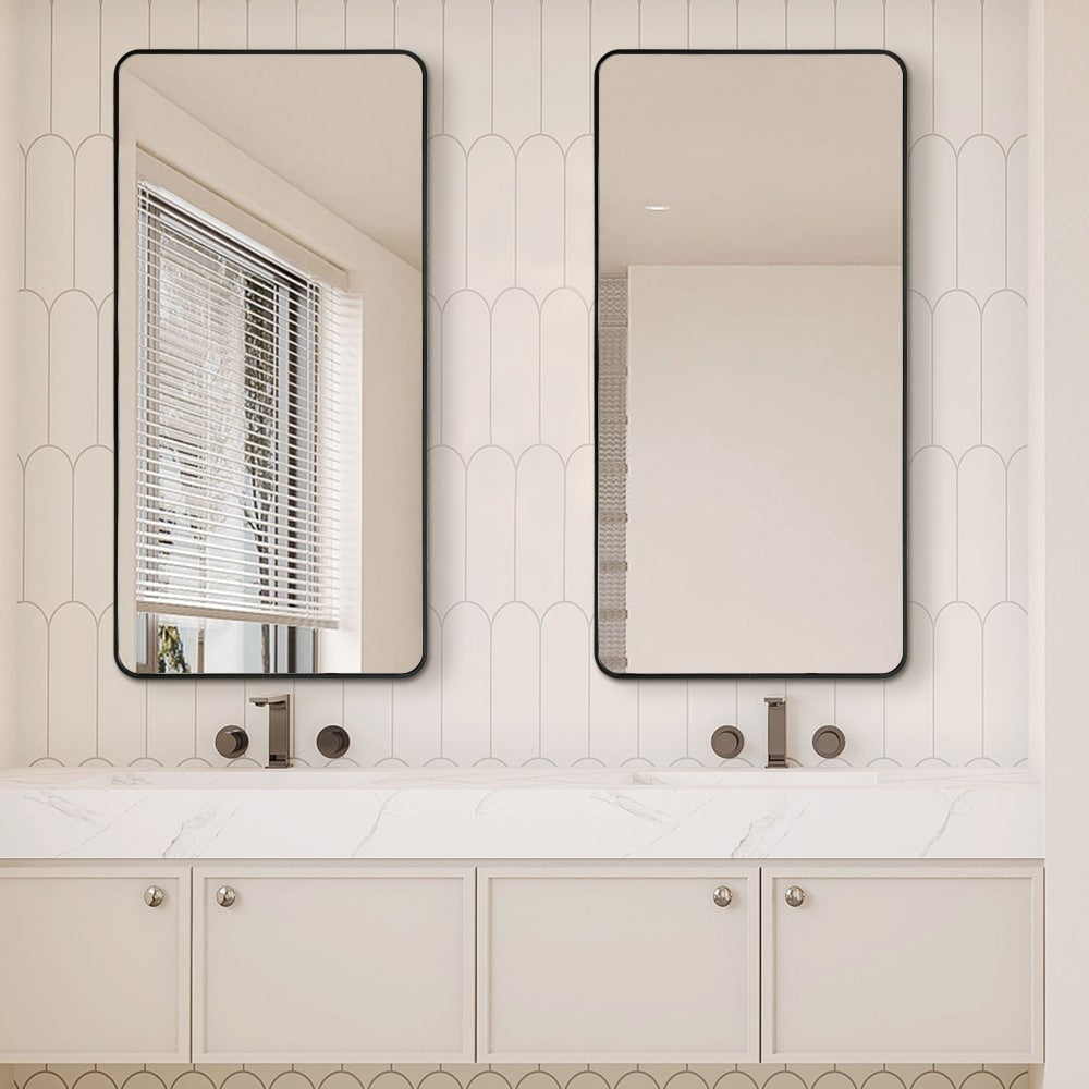 Long Rounded Modern Rectangular Wall Mirror – Black Aluminium Alloy Frame