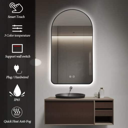 Arched LED Wall Mirror - Black Bevel Frame Backlit Dimmable Defogger