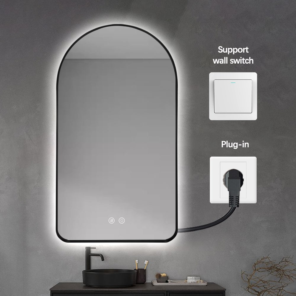 Arched LED Wall Mirror - Black Bevel Frame Backlit Dimmable Defogger
