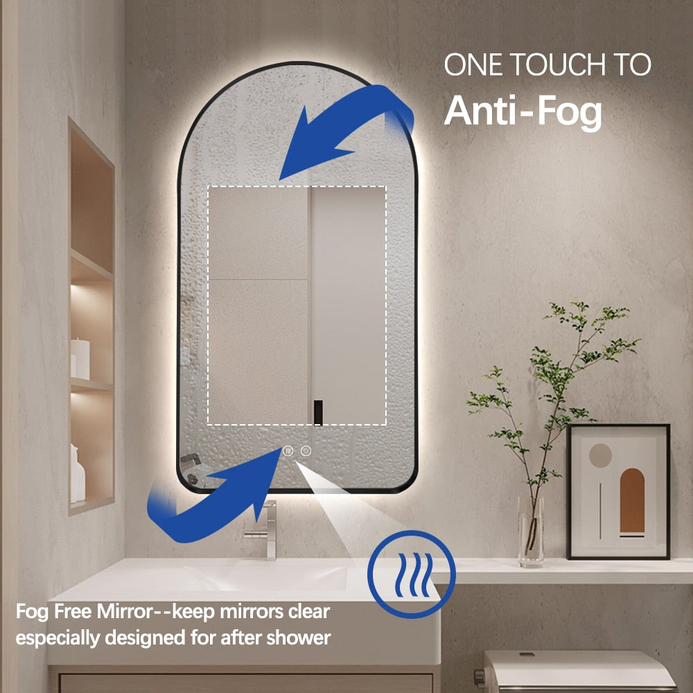 Arched LED Wall Mirror - Black Bevel Frame Backlit Dimmable Defogger