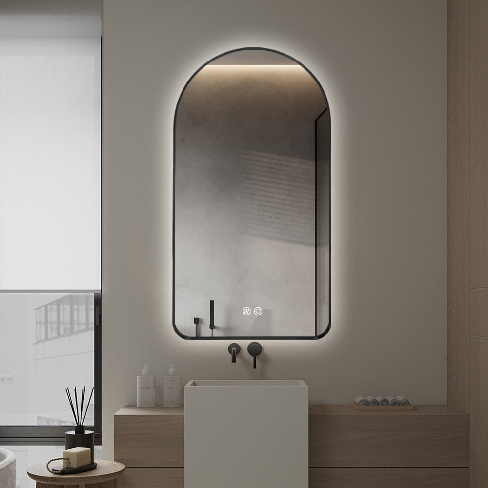 Arched LED Wall Mirror - Black Bevel Frame Backlit Dimmable Defogger