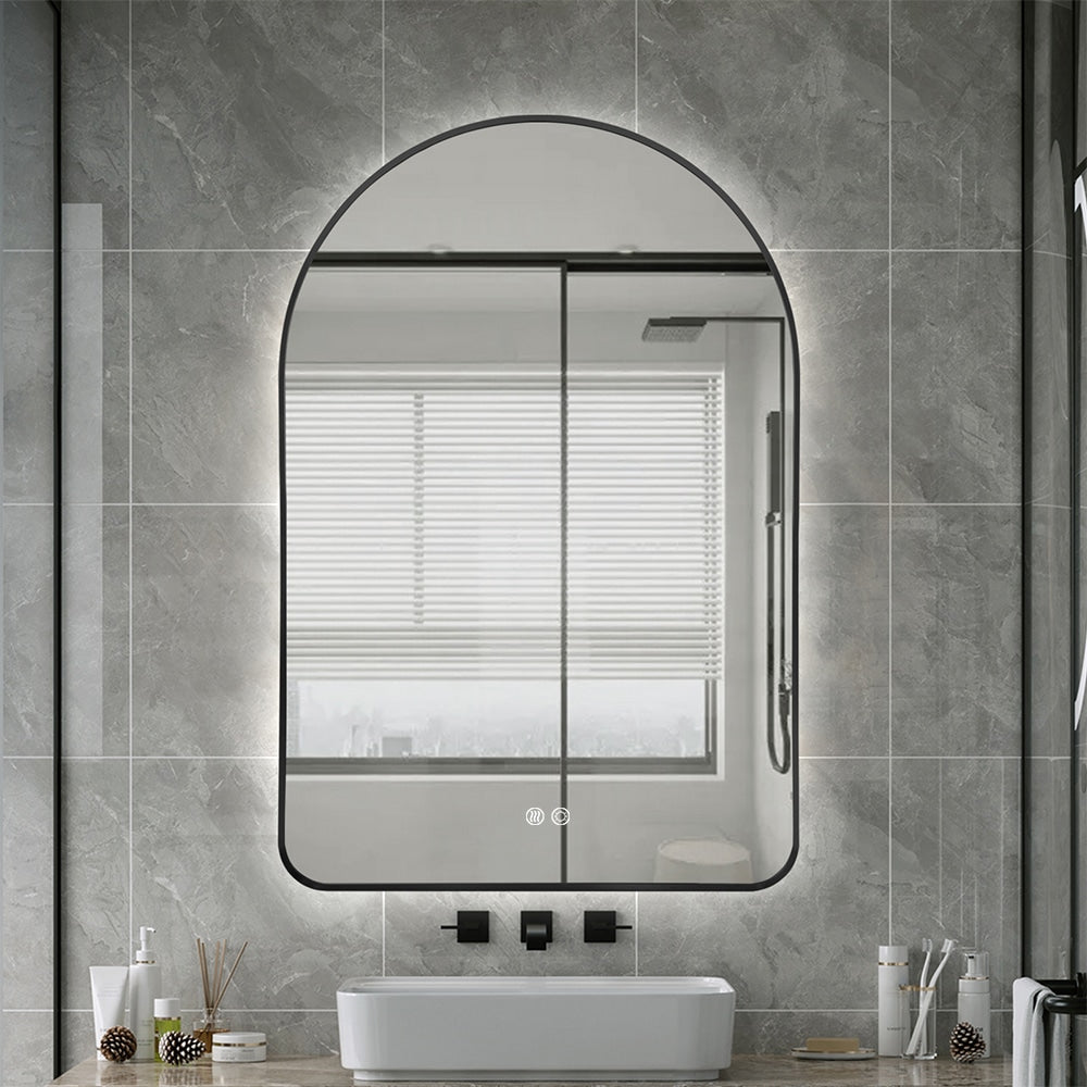 Arched LED Wall Mirror - Black Bevel Frame Backlit Dimmable Defogger