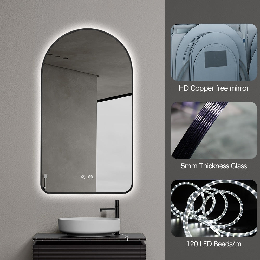 Arched LED Wall Mirror - Black Bevel Frame Backlit Dimmable Defogger