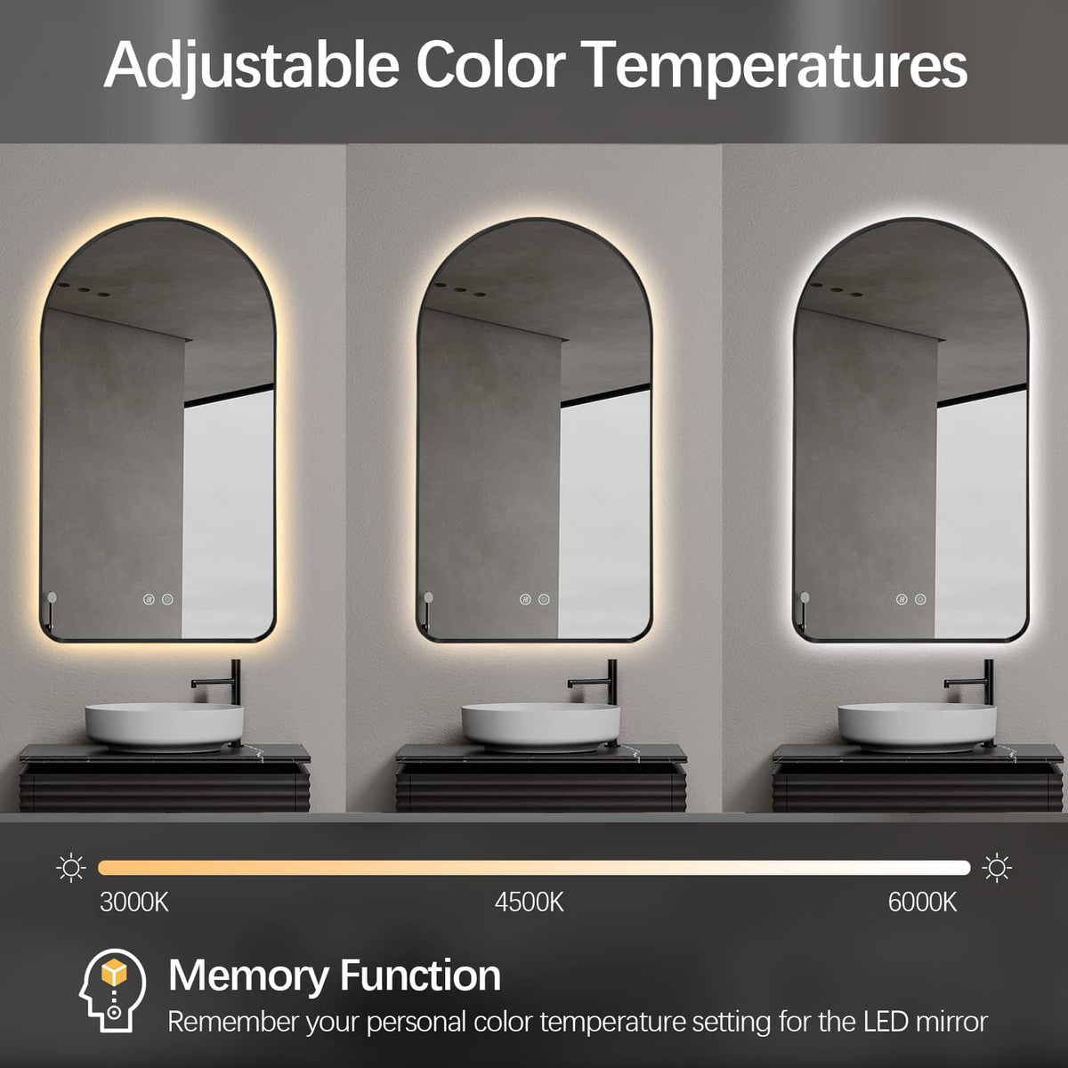 Arched LED Wall Mirror - Black Bevel Frame Backlit Dimmable Defogger