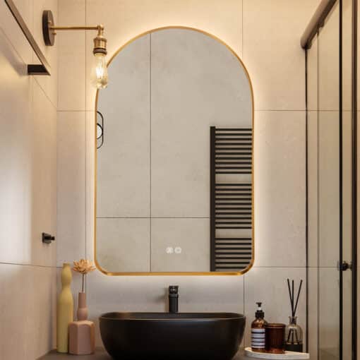 Arched LED Wall Mirror - Gold Bevel Frame Backlit Dimmable Defogger