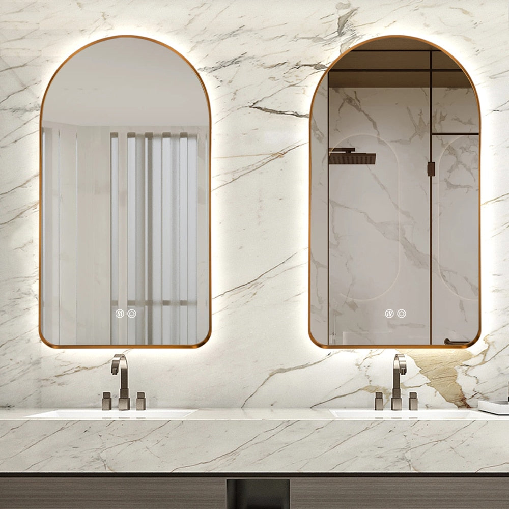 Arched LED Wall Mirror - Gold Bevel Frame Backlit Dimmable Defogger