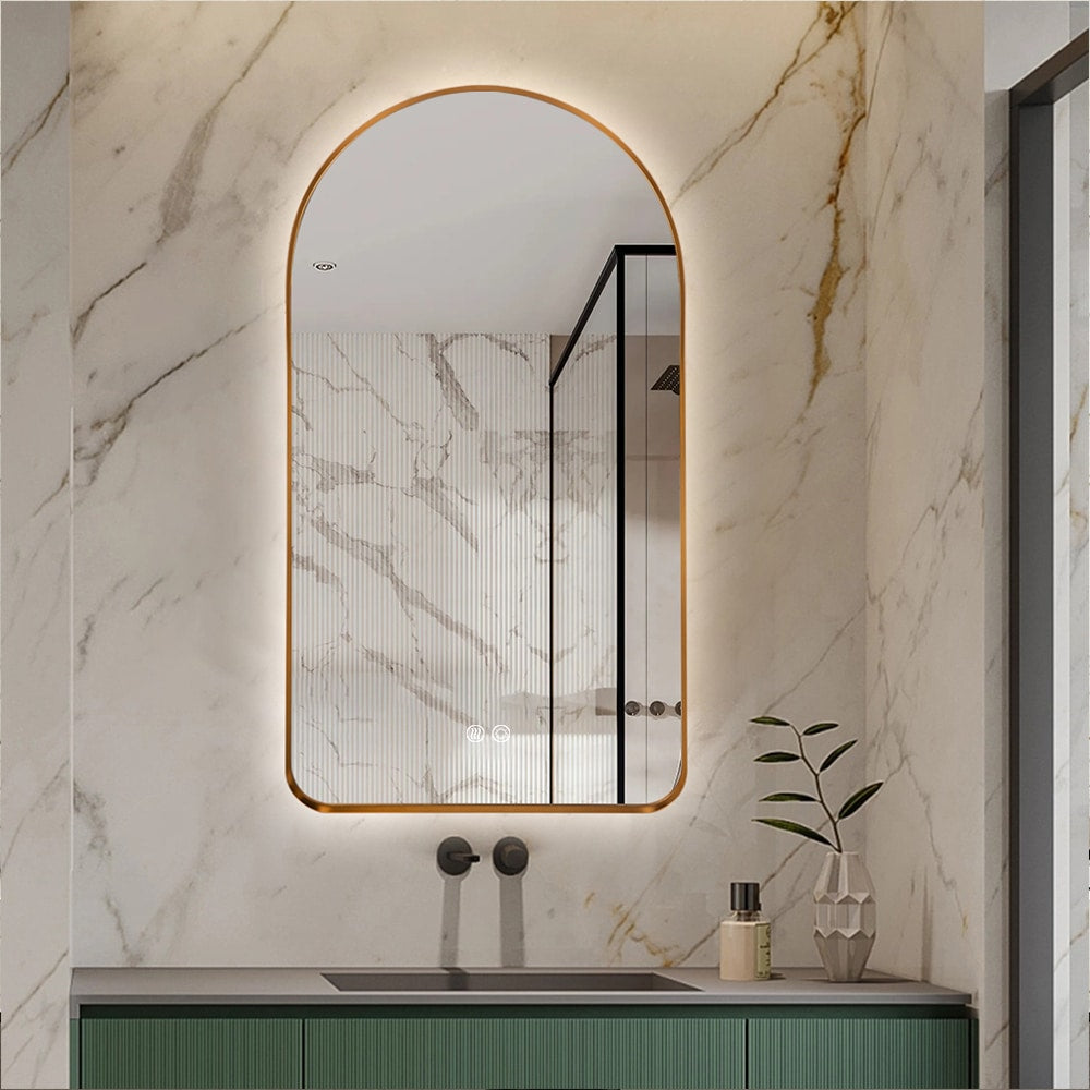 Arched LED Wall Mirror - Gold Bevel Frame Backlit Dimmable Defogger