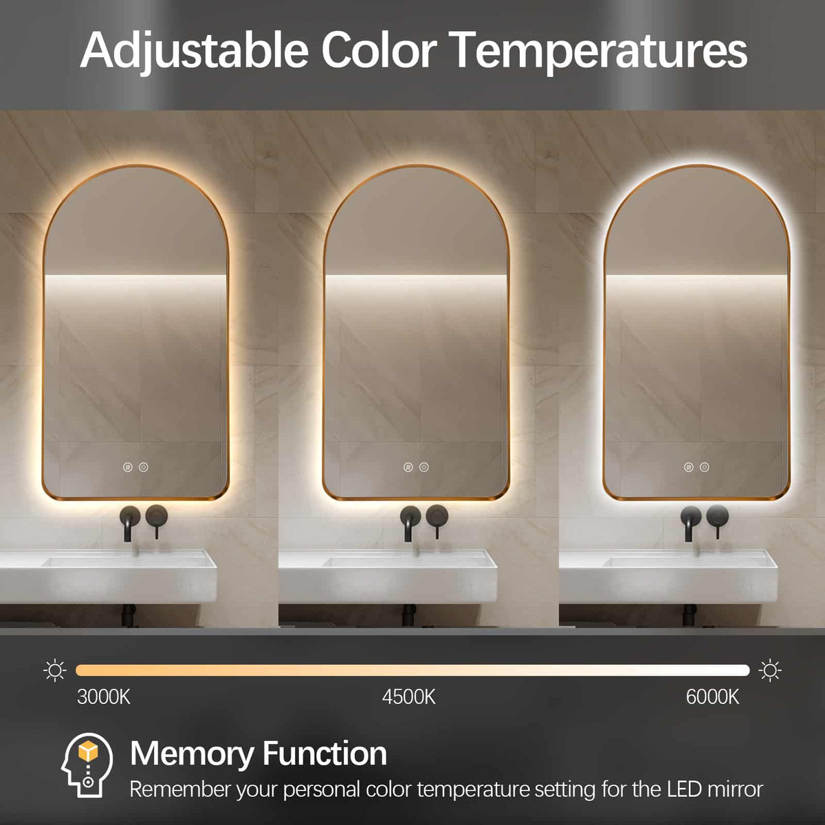 Arched LED Wall Mirror - Gold Bevel Frame Backlit Dimmable Defogger