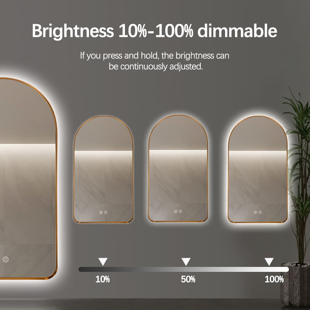 Arched LED Wall Mirror - Gold Bevel Frame Backlit Dimmable Defogger