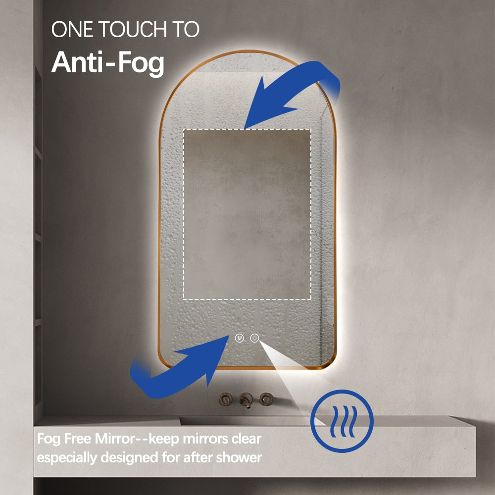 Arched LED Wall Mirror - Gold Bevel Frame Backlit Dimmable Defogger
