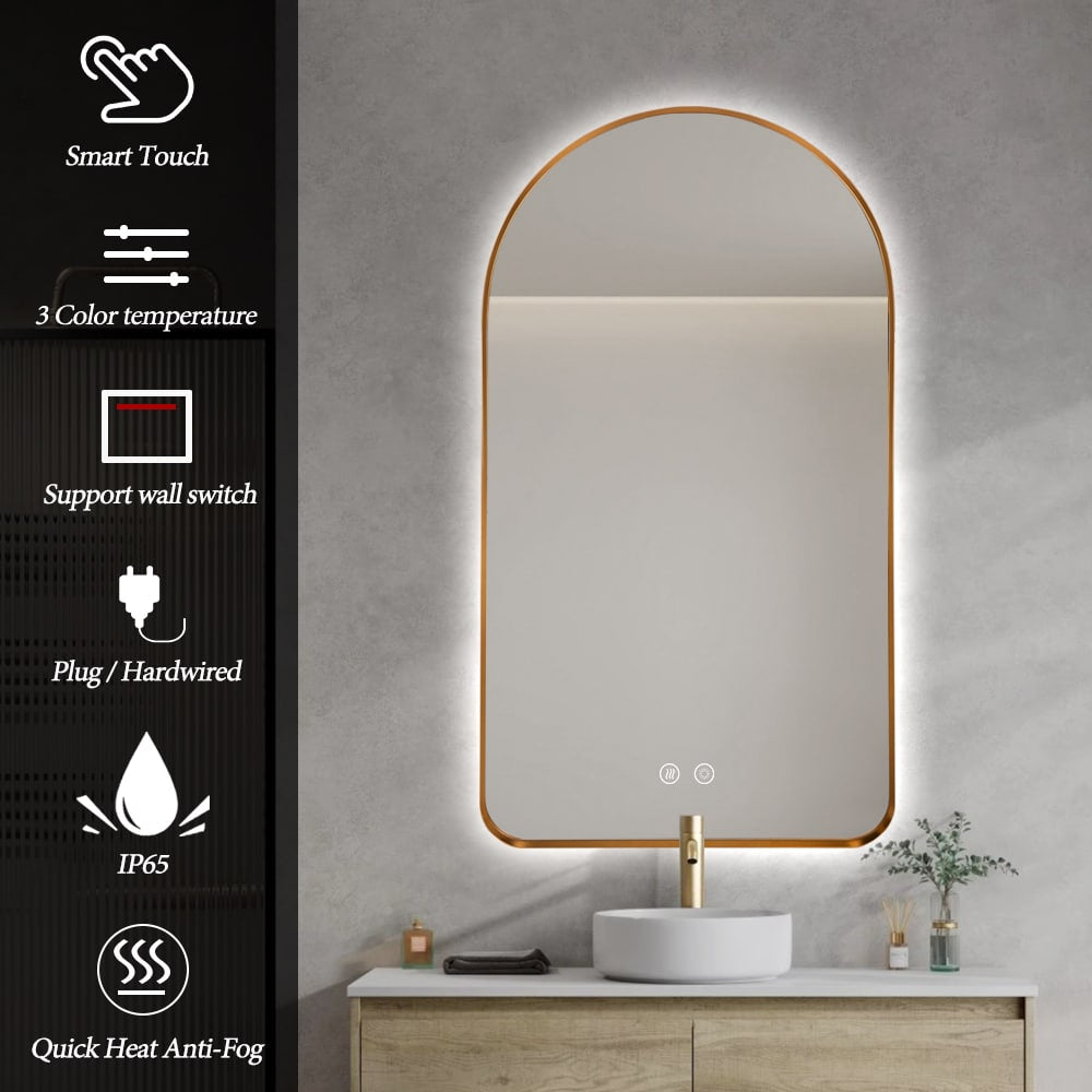 Arched LED Wall Mirror - Gold Bevel Frame Backlit Dimmable Defogger