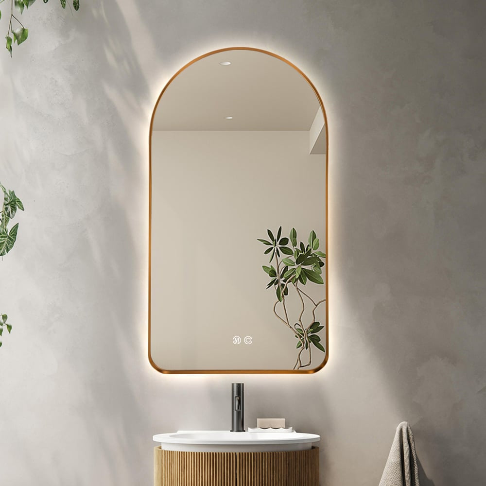 Arched LED Wall Mirror - Gold Bevel Frame Backlit Dimmable Defogger