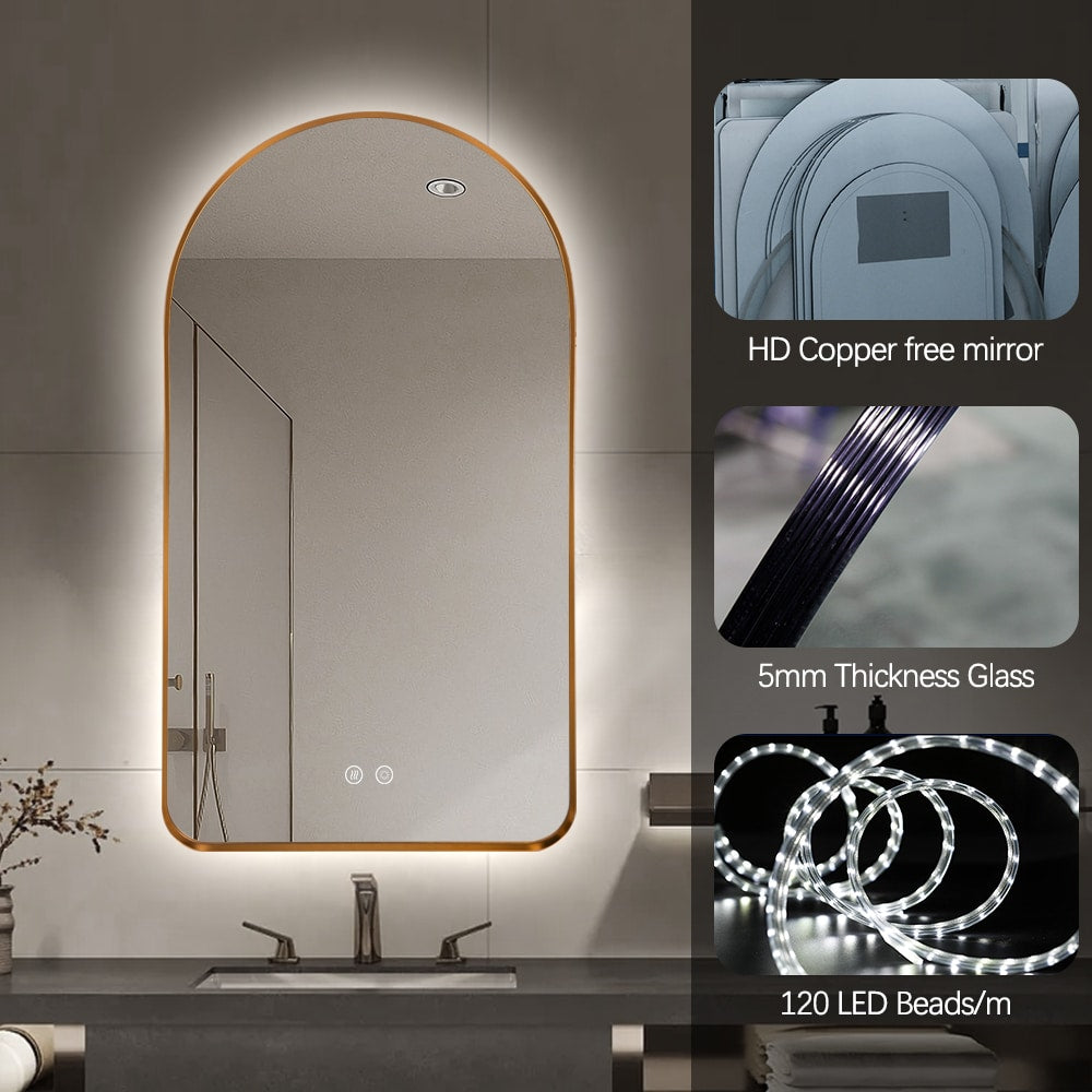 Arched LED Wall Mirror - Gold Bevel Frame Backlit Dimmable Defogger