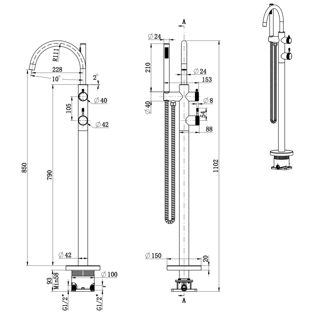 Mica Fluted Freestanding Bath Mixer with Hand Shower
