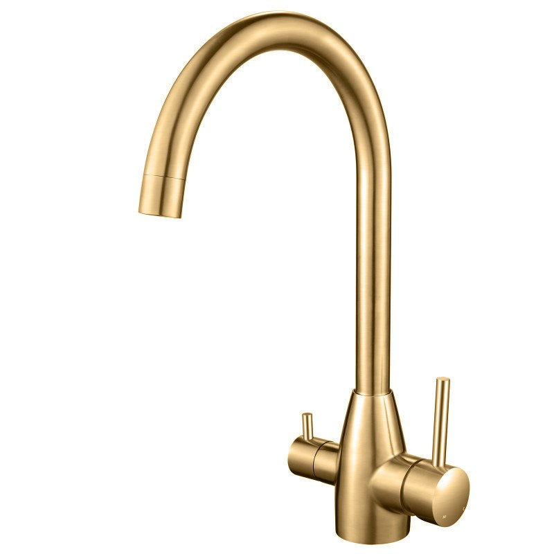 Brushed Gold 3 Way Pure Drinking Water Hot & Cold Swivel Spout Kitchen Mixer