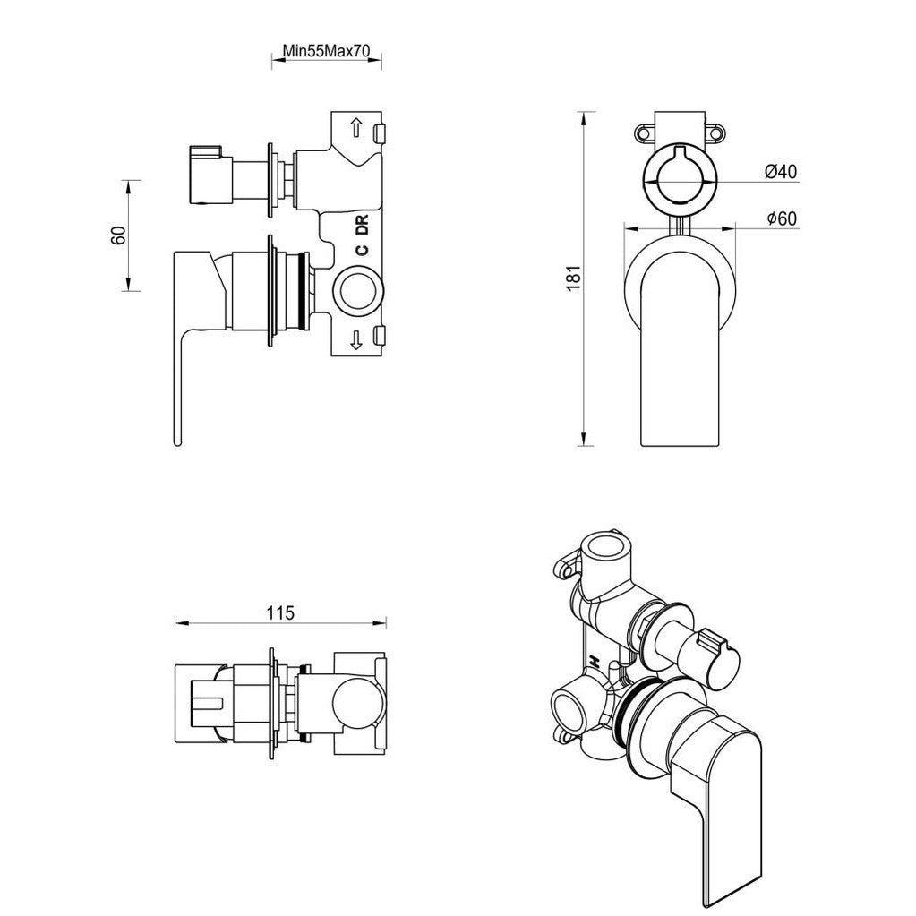 Eleniko Shower Mixer Diverter - 2P - TRIM KIT ONLY