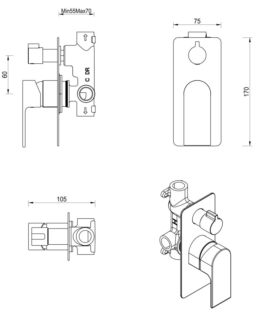 Beki Shower Mixer Diverter - 1P - TRIM KIT ONLY