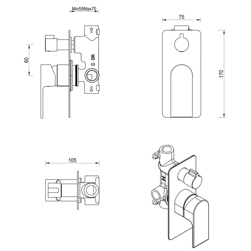Beki Shower Mixer Diverter - 1P - TRIM KIT ONLY