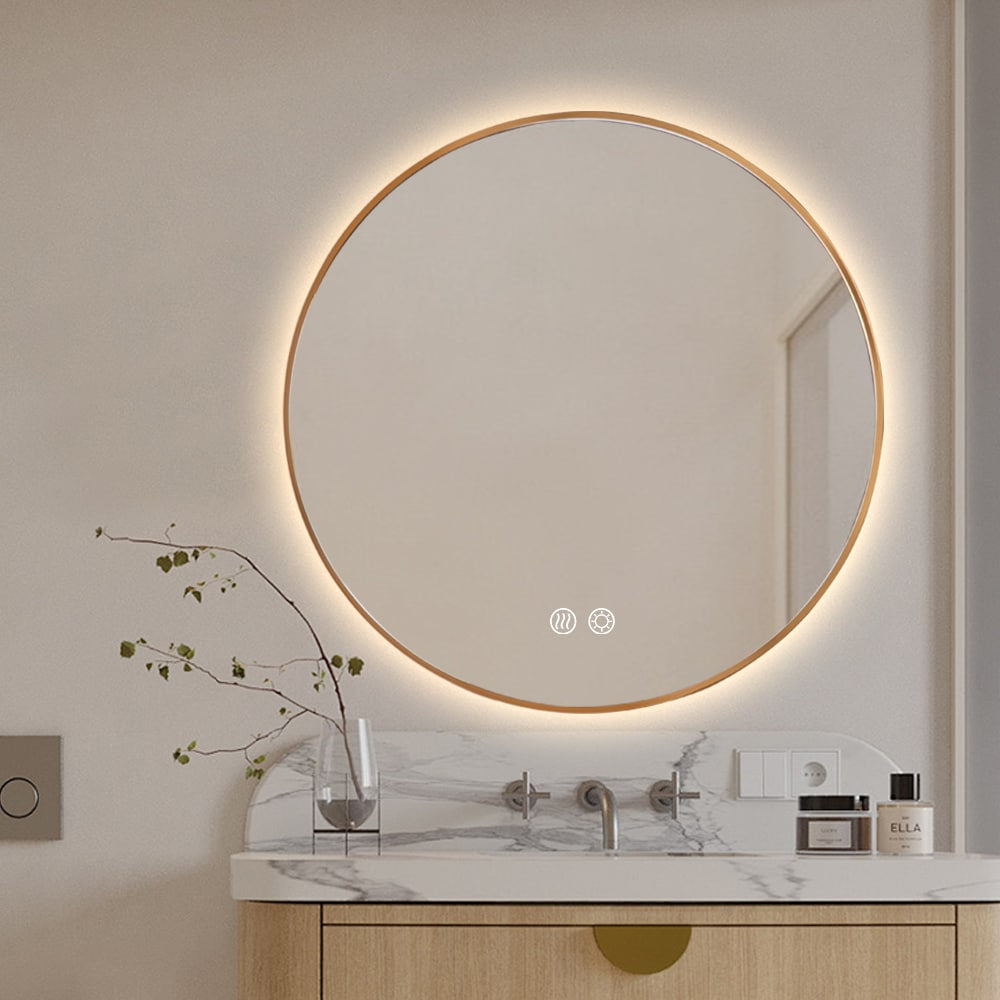 Round LED Mirror Gold Framed Backlit Defogger Dimmable