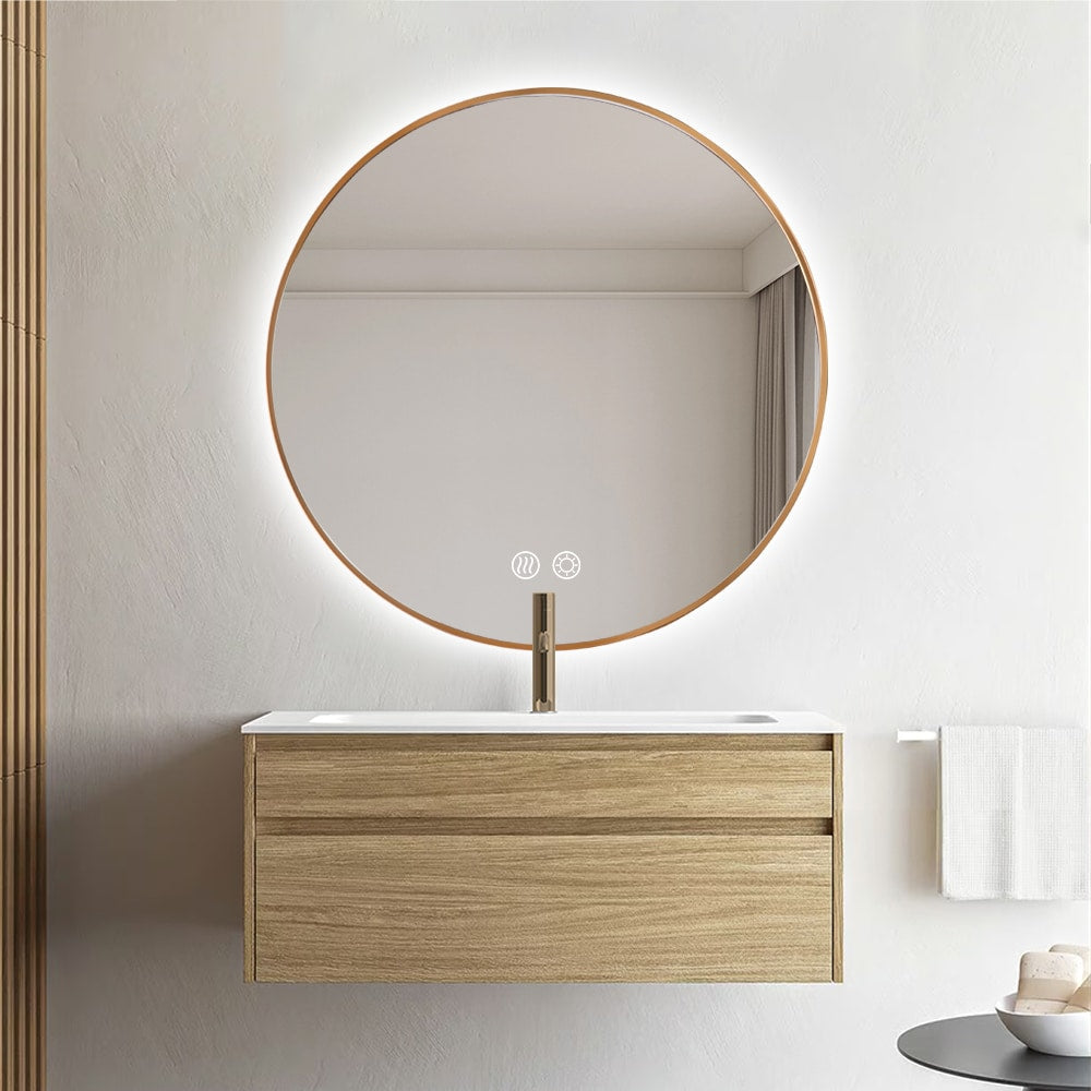 Round LED Mirror Gold Framed Backlit Defogger Dimmable