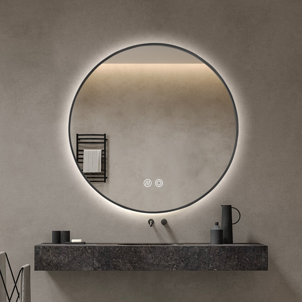 Round LED Mirror 80cm Black Framed Backlit Defogger Dimmable