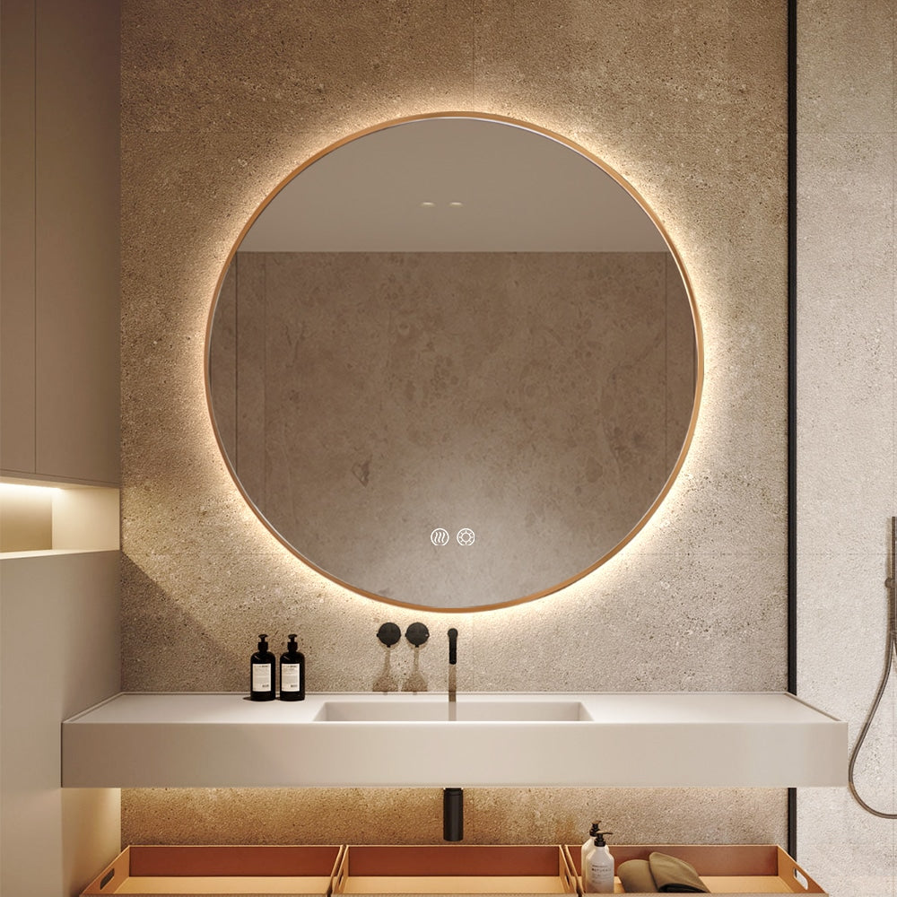Round LED Mirror Gold Framed Backlit Defogger Dimmable
