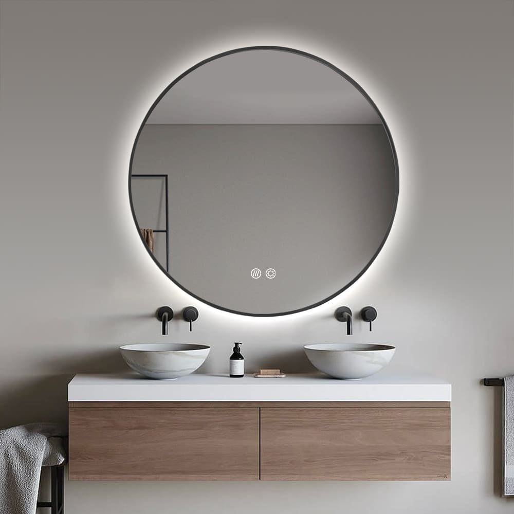 Round LED Mirror 90cm Black Framed Backlit Defogger Dimmable
