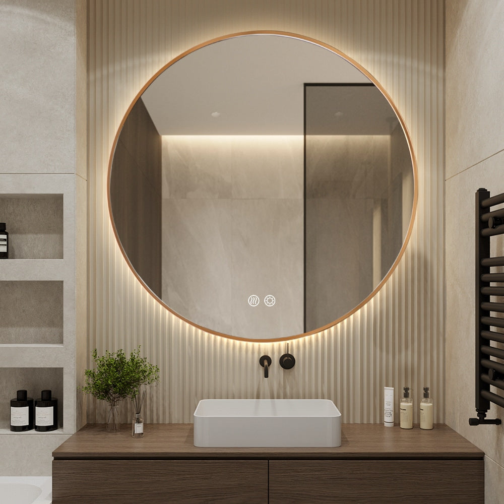 Round LED Mirror Gold Framed Backlit Defogger Dimmable