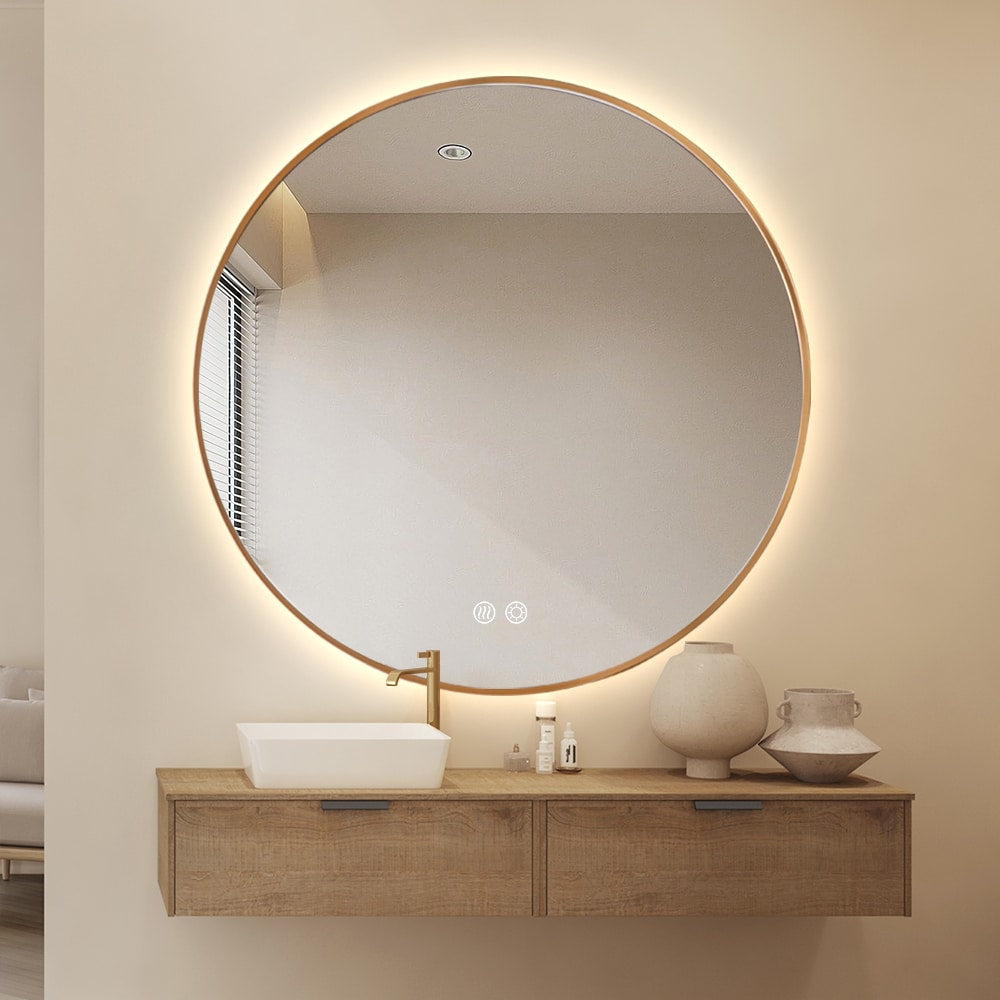 Round LED Mirror Gold Framed Backlit Defogger Dimmable