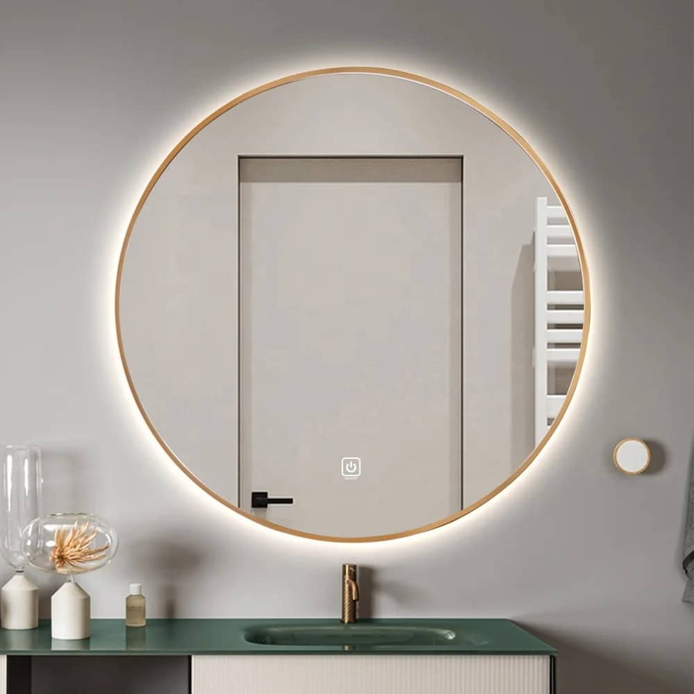 Round LED Mirror Gold Framed Backlit Defogger Dimmable