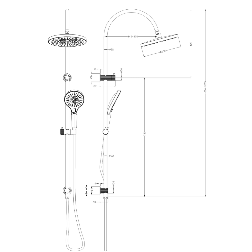 Mica Fluted Gooseneck Dual Shower Rail