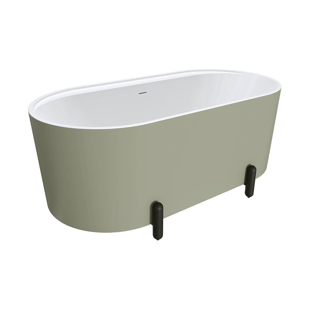 Aluca Freestanding Bath, 1500mm Matte Olive with Matte Black Legs with overflow