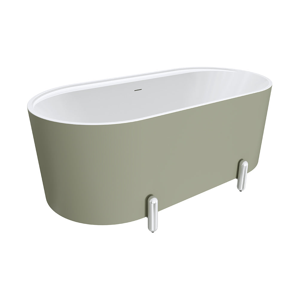 Aluca Freestanding Bath,1500mm Matte Olive with Chrome Legs with overflow