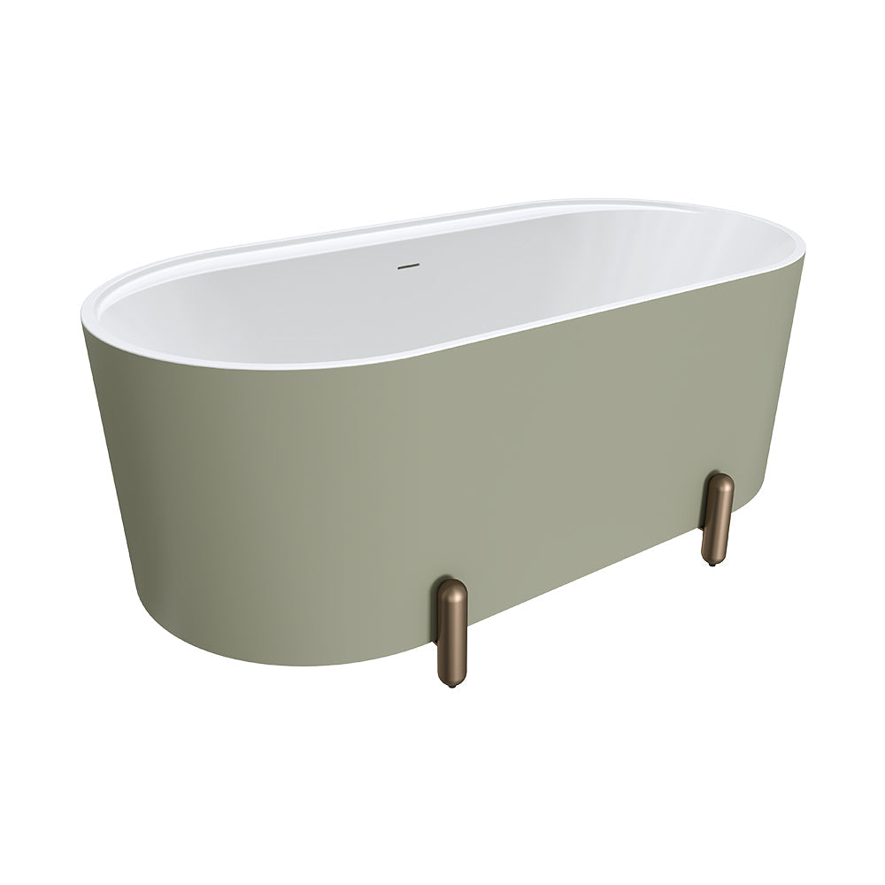 Aluca Freestanding Bath, 1500mm Matte Olive with Brushed Copper Legs with overflow