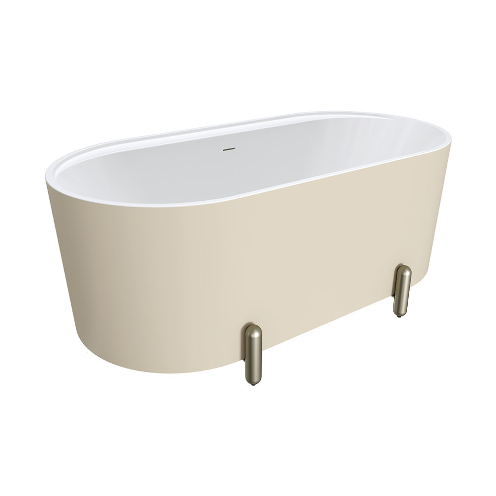 Aluca Freestanding Bath, 1500mm Matte Khaki with Brushed Nickel Legs with overflow
