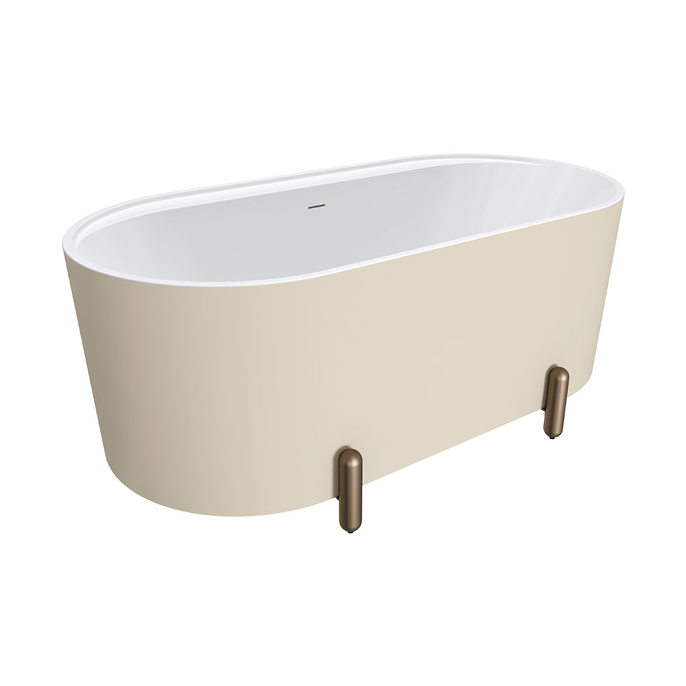 Aluca Freestanding Bath, 1500mm Matte Khaki with Brushed Copper Legs with overflow