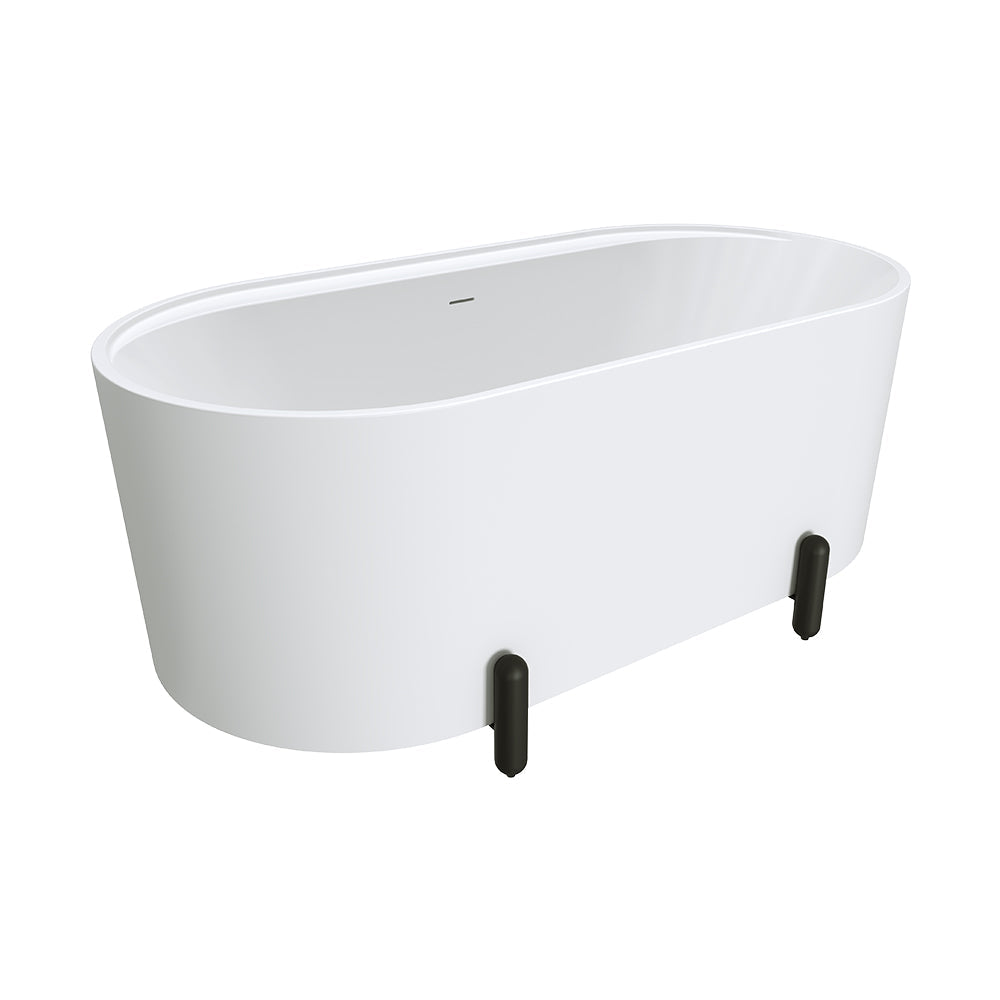 Aluca Freestanding Bath, 1500mm Matte White with Matte Black Legs with overflow