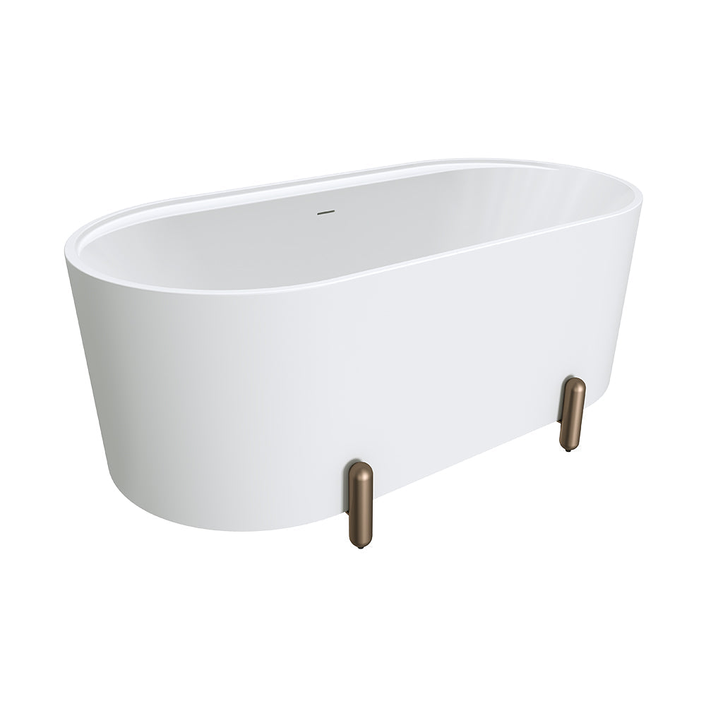 Aluca Freestanding Bath, 1500mm Matte White with Brushed Copper Legs with overflow